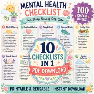 Peut inclure: Un document numérique Mental Health Checklist avec 100 cases à cocher et 10 catégories, incluant Mindful Morning, Emotional Check-In, Thought Reset, Movement & Body, Healthy Habits, Relax & Unwind, Connect & Communicate et Evening Reflection.