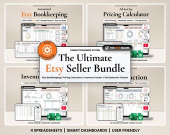 Könnte beinhalten: Das ultimative Etsy-Verkäuferpaket mit vier digitalen Tabellenkalkulationstools für Buchhaltung, Preisgestaltung, Inventar und Steuerverfolgung. Enthält automatisierte Dashboards, Kompatibilität mit Google Sheets und Excel sowie Video-Tutorials.