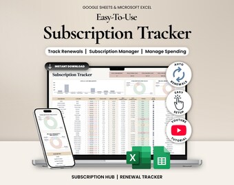 Könnte beinhalten: Eine digitale Abonnement-Tracker-Vorlage für Google Sheets und Microsoft Excel, die auf einem Laptop- und Smartphone-Bildschirm angezeigt wird. Die Benutzeroberfläche enthält Diagramme, Tabellen und Textbeschriftungen wie Subscription Tracker und Track Renewals.