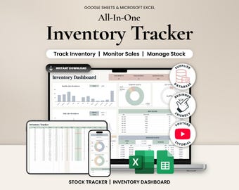 Könnte beinhalten: Ein All-in-One-Bestandsverfolgungstool für Google Sheets und Microsoft Excel. Die Anzeige zeigt ein Bestands-Dashboard mit Verkaufsdiagrammen, Bestandstabellen und Datenvisualisierungen. Enthält Symbole für Lieferantendatenbank, anfängerfreundlich und YouTube-Tutorial.