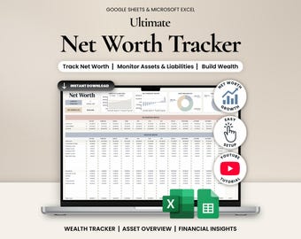 Könnte beinhalten: Eine digitale Nettovermögens-Tracker-Vorlage für Google Sheets und Microsoft Excel auf einem Laptop-Bildschirm. Die Benutzeroberfläche enthält Finanztabellen, Diagramme und Datenfelder zur Verfolgung von Vermögenswerten und Verbindlichkeiten sowie Symbole.