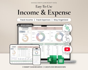 Könnte beinhalten: Ein digitaler Einnahmen- und Ausgaben-Tracker für Google Sheets und Microsoft Excel mit einem benutzerdefinierten Finanz-Dashboard, Tortendiagrammen und Ausgabentabellen, dargestellt auf Laptop, Tablet und Smartphone.