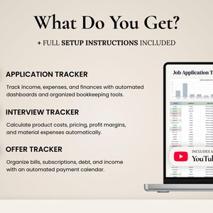 Pu&ograve; includere: Un tracker digitale per candidature visualizzato su uno schermo di un portatile con il testo What Do You Get? e Full Setup Instructions Included. L'elenco include Application Tracker, Interview Tracker e Offer Tracker con un tutorial YouTube.