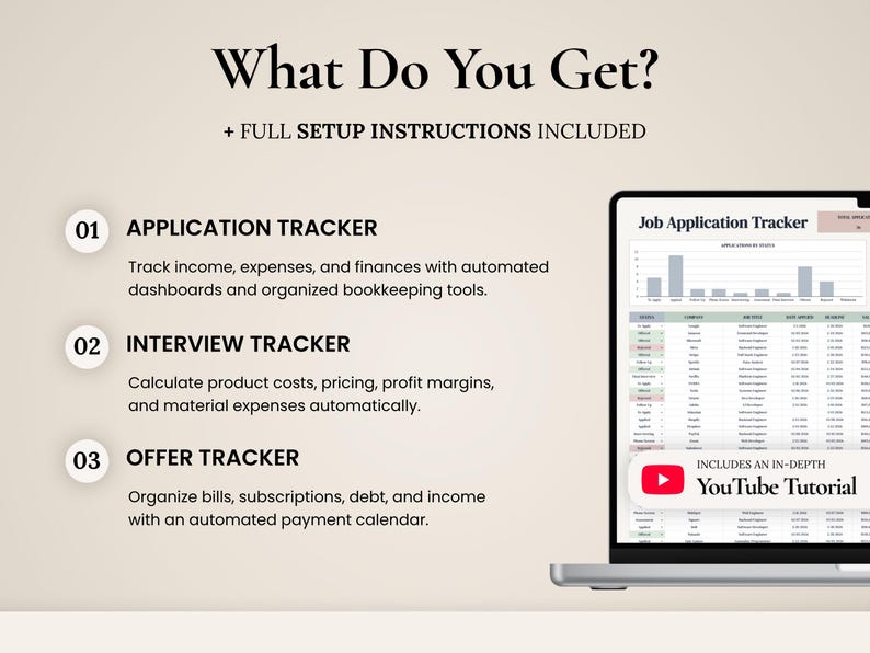 Pu&ograve; includere: Un tracker digitale per candidature visualizzato su uno schermo di un portatile con il testo What Do You Get? e Full Setup Instructions Included. L'elenco include Application Tracker, Interview Tracker e Offer Tracker con un tutorial YouTube.