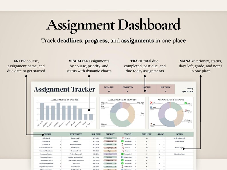 Assignment Tracker Spreadsheet Student Planner Google Sheets Excel ...