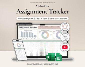 Könnte beinhalten: Ein digitaler Aufgaben-Tracker für Google Sheets und Microsoft Excel, dargestellt auf einem Laptop- und Smartphone-Bildschirm. Die Benutzeroberfläche zeigt Diagramme, eine Aufgabenliste und Statusanzeigen sowie Symbole für Erinnerungen.