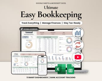 Può includere: Un modello di foglio di calcolo per la contabilità digitale per Google Sheets e Microsoft Excel. Il display mostra una dashboard di riepilogo annuale con grafici finanziari, ripartizioni di entrate e uscite e funzioni di tracciamento bancario.