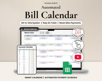 Könnte beinhalten: Ein automatisierter Google Sheets Rechnungs-Kalender auf einem Laptop-Bildschirm, der eine Monatsansicht für März 2026 und eine Zahlungsplan-Liste zeigt. Die Benutzeroberfläche enthält Textbeschriftungen für wiederkehrende Transaktionen und Tutorials.