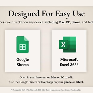 Pu&ograve; includere: Un grafico di tracciamento digitale con il testo Designed For Easy Use e Access your tracker on any device, including Mac, PC, phone, and tablet. Mostra i loghi di Google Sheets e Microsoft Excel 365 con istruzioni per l'utilizzo.
