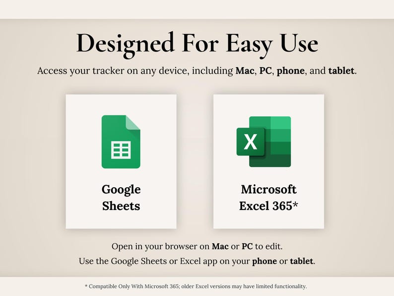 Pu&ograve; includere: Un grafico di tracciamento digitale con il testo Designed For Easy Use e Access your tracker on any device, including Mac, PC, phone, and tablet. Mostra i loghi di Google Sheets e Microsoft Excel 365 con istruzioni per l'utilizzo.