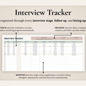 Pu&ograve; includere: Un modello di foglio di calcolo Interview Tracker con colonne per data, ora, azienda, titolo di lavoro, posizione, round, nome del contatto, numero di contatto e note. Il documento include intestazioni per le fasi del colloquio.