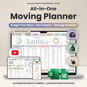 May include: A digital moving planner for Google Sheets and Microsoft Excel featuring a dashboard, box tracker, and budget tools. The interface displays charts, checklists, and data tables. Includes icons for packing, budget, and a video tutorial link.