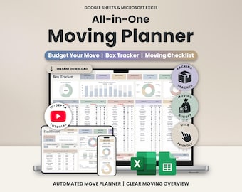 Può includere: Un pianificatore di traslochi digitale per Google Sheets e Microsoft Excel con dashboard, tracciatore di scatole e strumenti di budget. L'interfaccia mostra grafici, liste e tabelle. Include icone per il tracciamento e un video tutorial.
