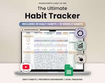 Può includere: Un tracker di abitudini digitale visualizzato su uno schermo di un portatile, con il testo The Ultimate Habit Tracker, Includes 30 Daily Habits + 15 Weekly Habits, Instant Download, In-Depth Tutorial, Daily Habits, Progress Dashboard e Goal Tracking.