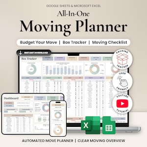 May include: A digital moving planner for Google Sheets and Microsoft Excel featuring a dashboard, box tracker, and checklist. The display shows data charts, budget summaries, and task lists on a laptop, tablet, and smartphone screen with icons.