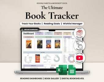 Può includere: Un foglio di calcolo digitale per il monitoraggio dei libri per Google Sheets e Microsoft Excel visualizzato su uno schermo di un portatile. La dashboard include sezioni per obiettivi di lettura, galleria libri e gestione liste desideri.
