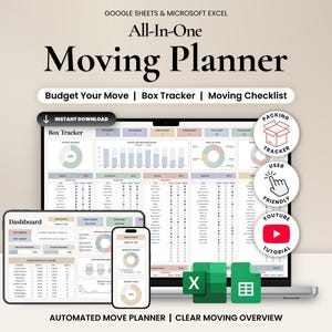Könnte beinhalten: Ein All-in-One Umzugsplaner für Google Sheets und Microsoft Excel, dargestellt auf einem Laptop, Tablet und Smartphone. Die Benutzeroberfläche umfasst einen Karton-Tracker, Budget-Tools und Checklisten mit pastellfarbenen Diagrammen.