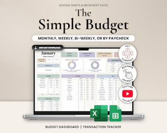 Könnte beinhalten: Ein digitales Budget-Dashboard auf einem Laptop-Bildschirm mit dem Titel The Simple Budget. Die Benutzeroberfläche enthält Bereiche für Einnahmen, Ausgaben, Rechnungen und Ersparnisse sowie Diagramme. Symbole zeigen die Kompatibilität mit Google Sheets und Excel.