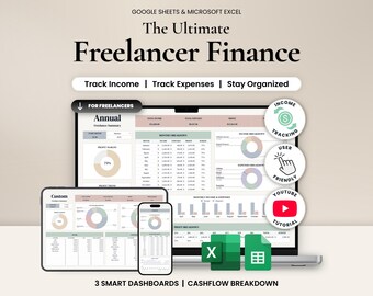 Könnte beinhalten: Ein digitaler Finanz-Tracker für Google Sheets und Microsoft Excel mit dem Titel The Ultimate Freelancer Finance. Die Anzeige zeigt jährliche Zusammenfassungen, monatliche Aufschlüsselungen und Gewinncharts auf Bildschirmen.