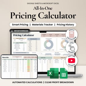 May include: An advertisement for a digital pricing calculator, displayed on a laptop screen. The image highlights features such as smart pricing, materials tracking, and pricing history. Additional text includes "Instant Download" and icons for a profit calculator, user-friendly interface, and a YouTube tutorial.
