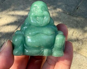Green Aventurine Laughing Buddha Statue | Hand Carved Crystal Buddha Figurine | Feng Shui Lucky Buddha Decor | Meditation Altar Healing Gift