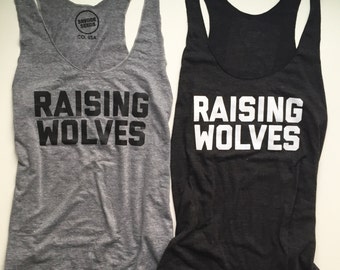 Raising Wolves - Womens Tank Top - Adult Tank - Grey Vintage Feel Womens Tank - Black Tank Top - Wolf