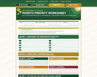 Pareto Priority Worksheet | 80/20 Rule | Fillable PDF | Daily Focus Planner | Productivity | Instant Download | Priority Manager