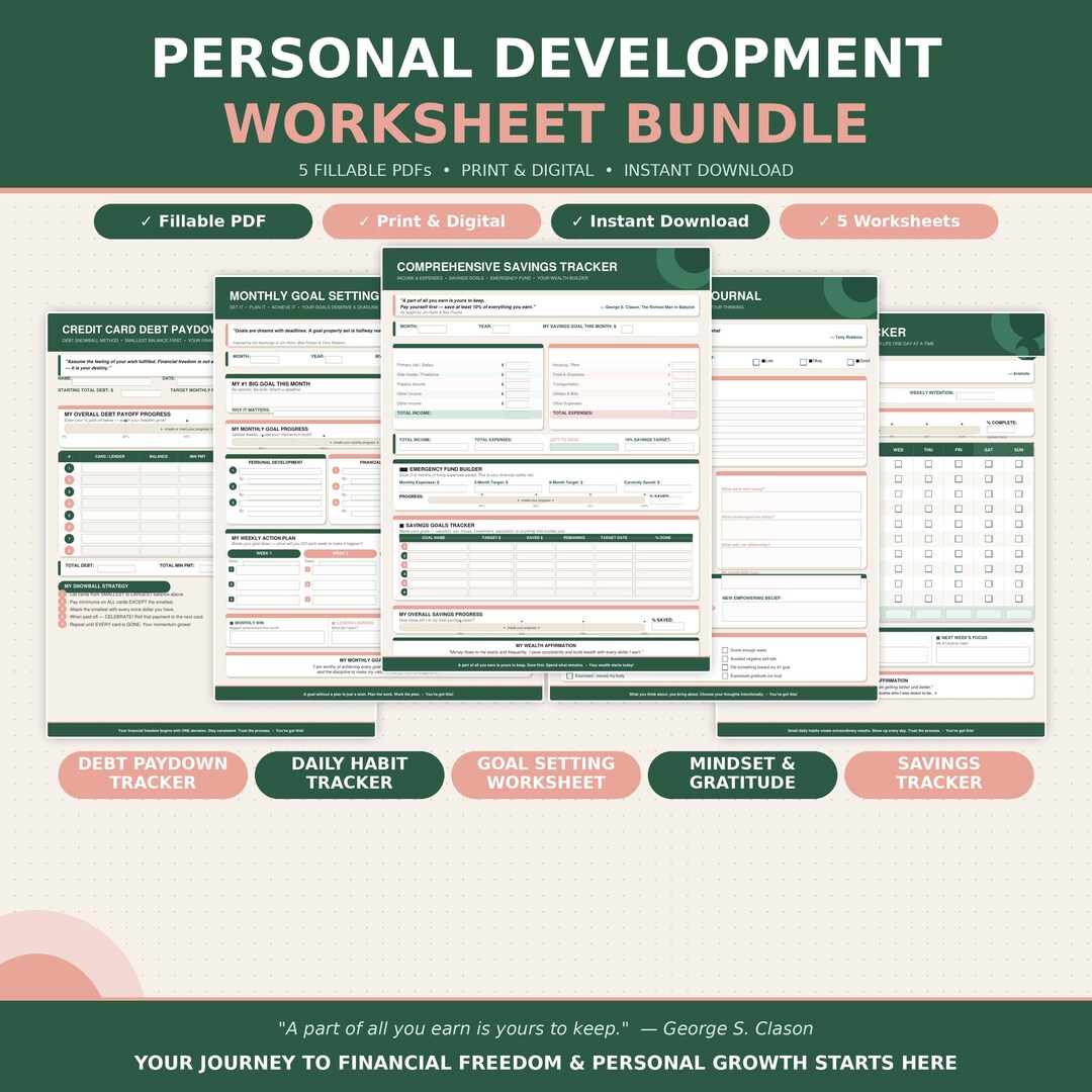 Personal Development Bundle | 5 Fillable PDF Worksheets | Debt Tracker ...