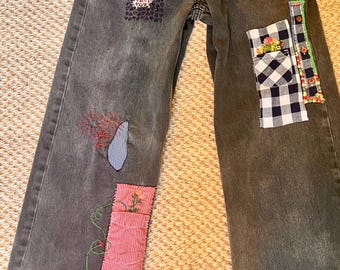 Levi Jeans, wide leg cut, black, patches and Sashiko, 27x32