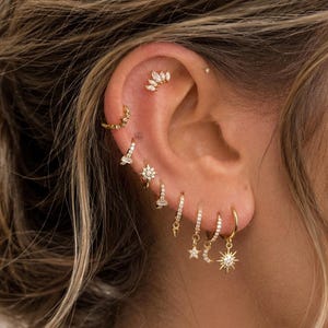 Gold CZ Ear Cuff Set, Cartilage Earrings, Helix Stud Hoop Stack, Minimalist Dainty Ear Piercing Jewelry Gift for Women