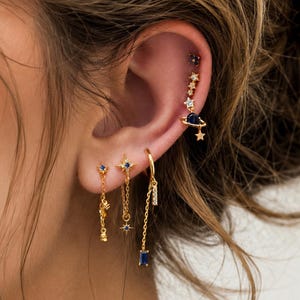 Celestial Gold Ear Cuff Earrings, Blue Star Planet Cartilage Piercing Jewelry, Dainty Galaxy Ear Climber, Minimalist Gift for Her