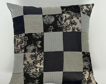Patchwork Pillow in Black & Neutral Textures — Handmade from Reclaimed Fabrics — 17x17 — The Glamma Collection