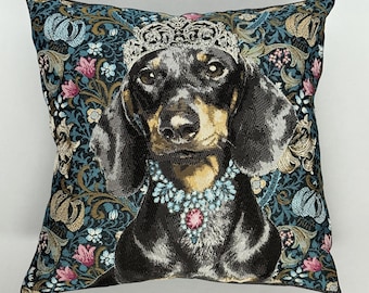 Whimsical Dachshund Royalty Pillow • Embroidered Dog Art • Glam Home Decor
