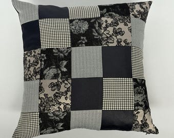 Patchwork Pillow in Black & Neutral Textures — Handmade from Reclaimed Fabrics — 17x17 — The Glamma Collection