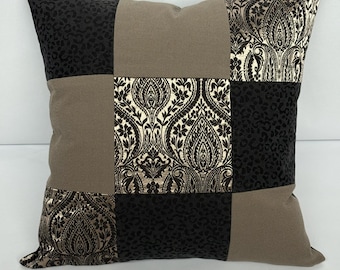 Taupe and Black Patchwork Pillow • Faux Leather Back • Reclaimed 16x16 Cover