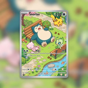 May include: A Pokémon trading card featuring Snorlax, a large blue and cream-colored creature, sleeping on a park bench. Other Pokémon, including Pikachu and Mew, are also present. The card has a colorful illustration with text and game details.