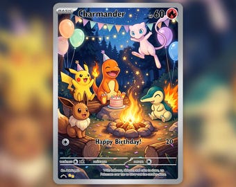 ¡Tarjeta personalizada de Charmander para celebrar su cumpleaños junto a la fogata! ¡Hecha a mano!