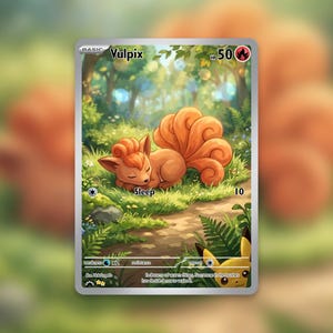 May include: A Vulpix Pokémon trading card featuring an orange fox-like creature sleeping peacefully. The card has a forest background with the word "Sleep" and the number "10" displayed. The card is framed in silver.