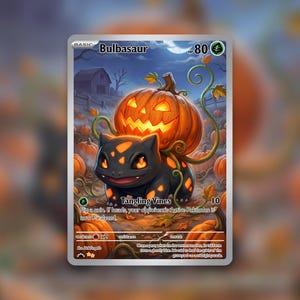 May include: A rectangular trading card featuring a dark-colored Bulbasaur with orange spots and a glowing jack-o'-lantern on its back. The background shows a pumpkin patch at night with a barn under a full moon. Text includes Bulbasaur, 80 HP, Tangling Vines, and 10.