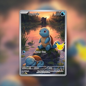 May include: A Pokémon trading card featuring Squirtle, a blue turtle-like creature, in a serene water setting. The card includes the text "Squirtle", "Water Gun", and "60 HP". The artwork depicts Squirtle in a pond with other Pokémon.
