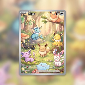 May include: A Pokémon trading card featuring various Pokémon characters in a forest setting. The card has a silver border and includes the word "Ditto" at the top. The card also has text that reads "HP 10" and other game-related text.