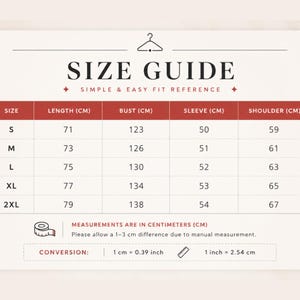 May include: A size guide chart with a hanger icon, featuring columns for size, length, bust, sleeve, and shoulder measurements in centimetres for sizes S through 2XL. Includes a note about a 1-3 cm variance and a conversion scale for inches.