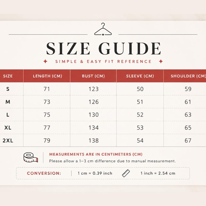 May include: A size guide chart with a hanger icon, featuring columns for size, length, bust, sleeve, and shoulder measurements in centimetres for sizes S through 2XL. Includes a note about a 1-3 cm variance and a conversion scale for inches.