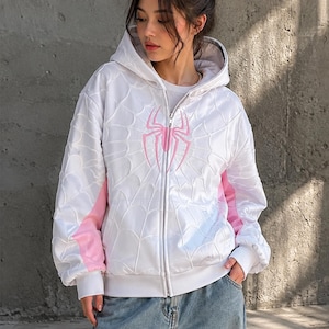 Spider Graphic Zip Hoodie Y2K Gothic Hoodie Oversized Streetwear Jacket Alternative Grunge Sweatshirt Unisex Gift For Spider Man Fan Kids White & Pink