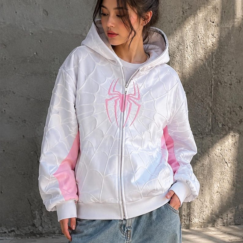 Spider Graphic Zip Hoodie Y2K Gothic Hoodie Oversized Streetwear Jacket Alternative Grunge Sweatshirt Unisex Gift For Spider Man Fan Kids White & Pink