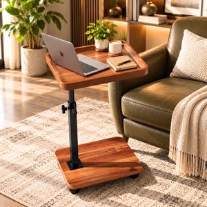 May include: A height-adjustable side table with a dark wood grain finish, featuring a black metal central support column, a square tabletop, and a square base on casters. A silver laptop, a small potted plant, and a notebook sit on top.