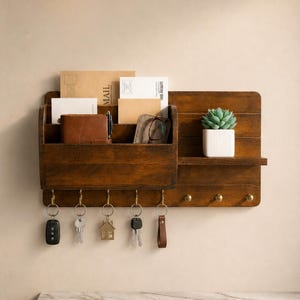 Wall Mount Mail Organizer & Key Holder | Pine Wood Entryway Organizer with 3-Tier Mail Sorter and 8 Hooks