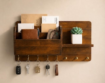 Wall Mount Mail Organizer & Key Holder | Pine Wood Entryway Organizer with 3-Tier Mail Sorter and 8 Hooks