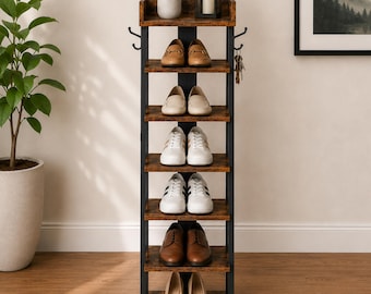 Rustic Brown Vertical Shoe Rack – Entryway Organizer with Hooks, Space Saving Tower