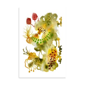 Puede incluir: Una pintura abstracta en acuarela que presenta formas orgánicas en tonos verde oliva, amarillo y marrón. La composición incluye un delicado trabajo de líneas, grupos de pequeños puntos de color rojo oscuro y dos formas bulbosas rojas.